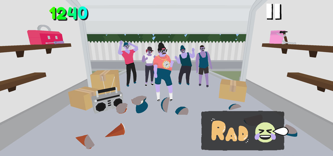 Smash n' Dab gameplay — dad dabbing in a warehouse full of flying junk